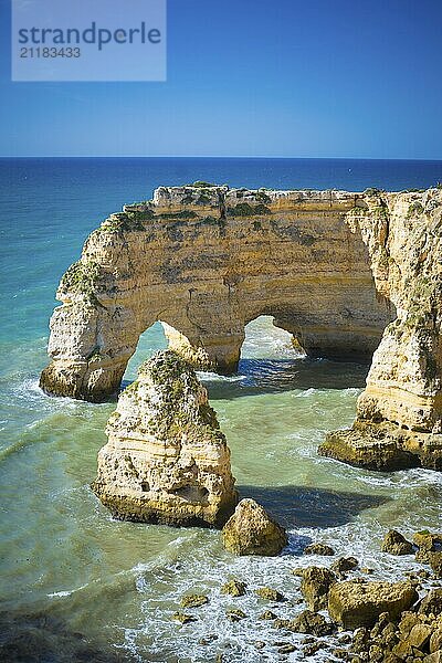 Natural arches at Praia da Marinha on the southern Algarve coast in Portugal