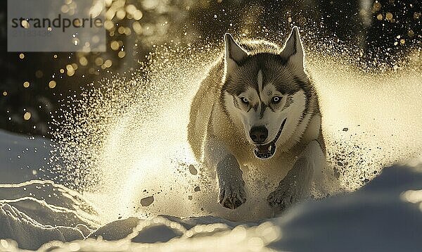 Ein Hund läuft mit offenem Maul durch den Schnee und erzeugt eine Schneewolke. Konzept der Verspieltheit und Freude  wie der Hund genießt seine Zeit in den Schnee AI erzeugt  KI generiert