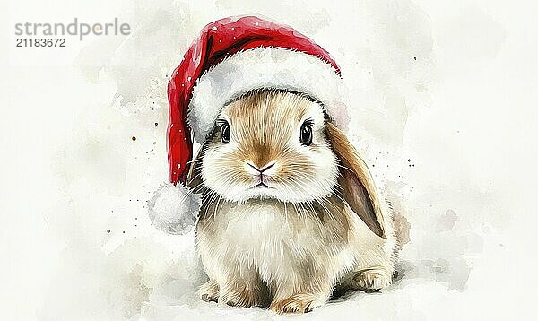 A rabbit wearing a red santa hat. The rabbit is sitting on a white background. The image has a festive and playful mood AI generated