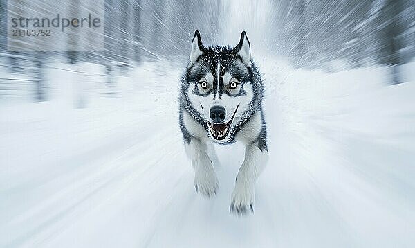 Ein Hund läuft mit herausgestreckter Zunge durch den Schnee. Der Hund scheint glücklich zu sein und genießt das kalte Wetter  das AI erzeugt hat  KI generiert