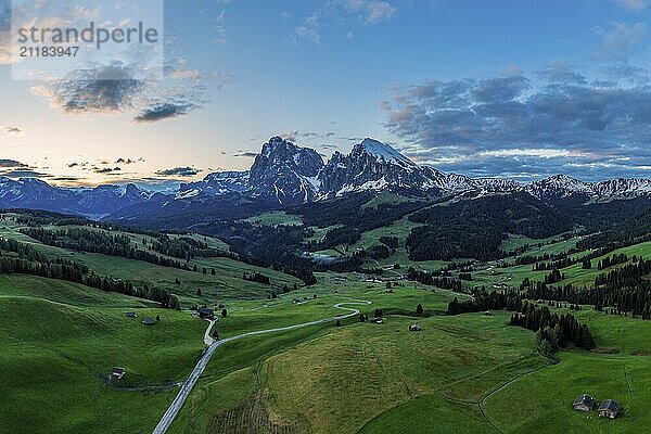 Panoramic view from the Seiser Alm to the Dolomites in Italy  drone shot