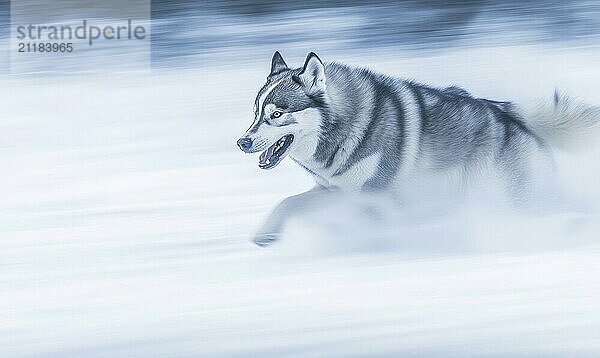 Ein großer grau weißer Hund rennt durch den Schnee. Der Hund hat einen grimmigen Blick auf seinem Gesicht und hechelt stark. Konzept von Energie und Aufregung  wie der Hund durch den Schnee läuft AI erzeugt  KI generiert