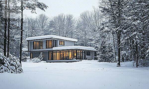 Ein großes Haus mit einem schneebedeckten Dach steht auf einem verschneiten Feld. Das Haus ist von Bäumen umgeben und der Schnee ist auf dem Boden aufgetürmt. Die Szene ist friedlich und heiter AI erzeugt  KI generiert