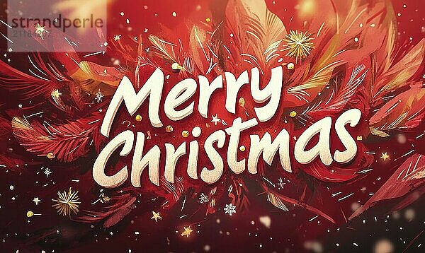 Merry Christmas is written in red letters on a red background. The background is decorated with snowflakes and stars  giving the image a festive and joyful mood AI generated