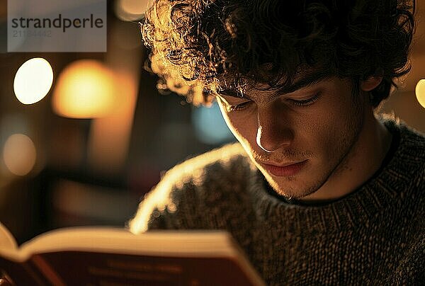 Young man with curly hair  wearing a sweater  concentrated on a book AI generated