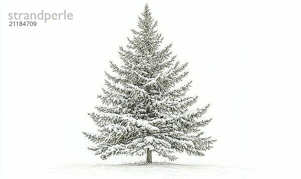 Eine schneebedeckte Kiefer steht allein auf einem Feld. Der Baum ist kahl und mit Schnee bedeckt  was ihm ein ruhiges und friedliches Aussehen verleiht. Der weiße Hintergrund unterstreicht die Schönheit des Baumes KI erzeugt  KI generiert