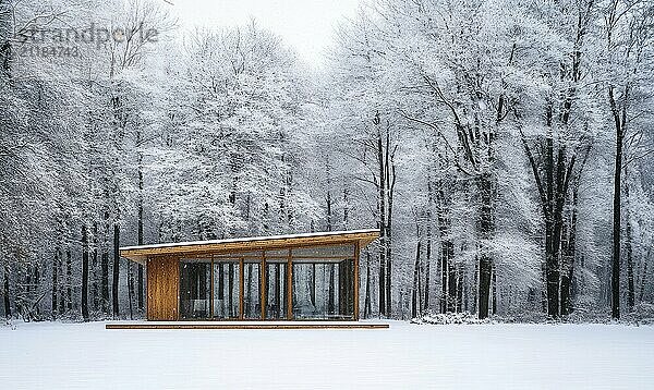 Eine kleine Hütte ist von Bäumen umgeben  die mit Schnee bedeckt sind. Die Hütte ist aus Holz gebaut und hat ein schräges Dach. Die schneebedeckten Bäume schaffen eine friedliche und heitere Atmosphäre  die KI erzeugt  KI generiert