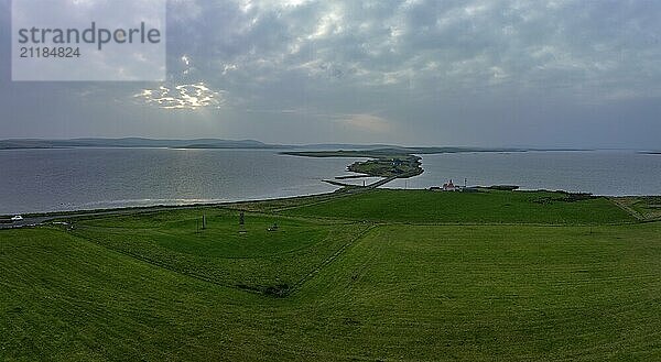 Stones of Stenness Circle and Henge  stone circle and ditch  Neolithic monument  UNESCO World Heritage Site  drone shot from outside the site  Mainland  Orkney Island  Scotland  Great Britain