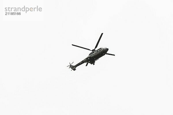 Photo of Military navy helicopter flying isolated on white background