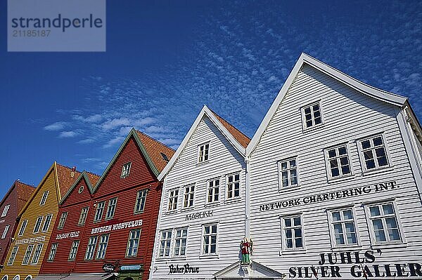 Traditional wooden houses under a blue sky with pitched roofs and multiple windows in a sunny old town  Bryggen  Bergen  Vestland  Norway  Europe