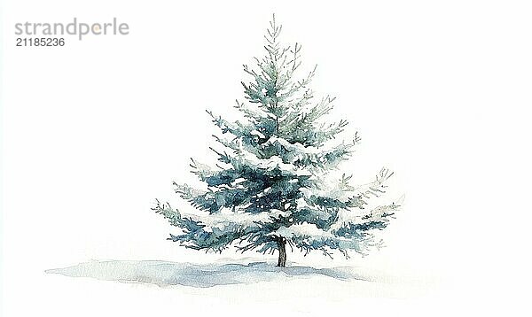 Eine blaue Kiefer steht im Mittelpunkt des Bildes. Der Baum ist von Schnee umgeben  was ihm ein ruhiges und friedliches Aussehen verleiht. Der weiße Hintergrund unterstreicht die Schönheit des Baumes KI erzeugt  KI generiert