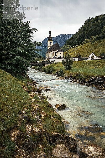 View of the parish church of St. Sebastian in Ramsau in Bavaria  Germany  Europe