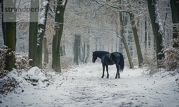 Ein schwarzes Pferd steht im Schnee in einem Wald. Das Bild hat eine heitere und friedliche Stimmung  da das Pferd allein ist und von der ruhigen Schönheit der schneebedeckten Bäume umgeben ist  die KI erzeugt  KI generiert