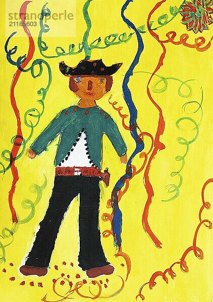 Naive Illustration  Kinderzeichnung  Kind im Cowboykostüm im Fasching