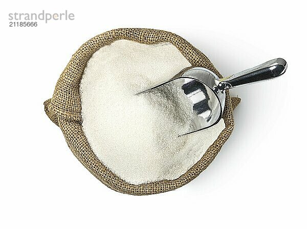 Sugar in sack isolated on a white background. View from above