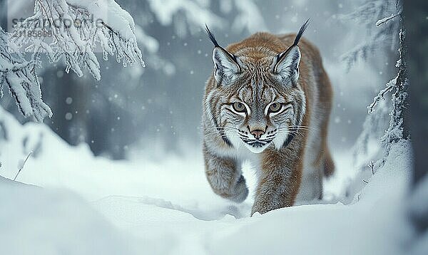 Eine braun weiße Katze läuft durch den Schnee. Die Katze schaut in die Kamera  und sie ist neugierig auf ihre Umgebung. Das Bild hat eine friedliche und heitere Stimmung KI erzeugt  KI generiert