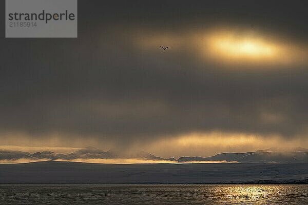 Sun breaking through clouds  Woodfjord  Spitsbergen archipelago  Svalbard and Jan Mayen  Norway  Europe