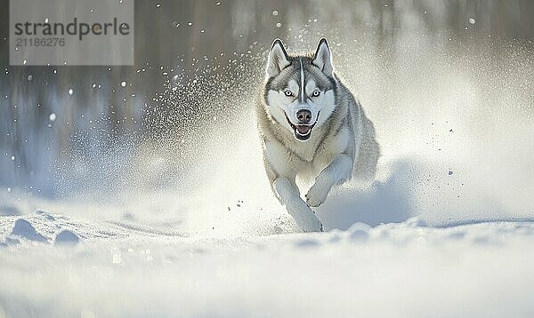 Ein Hund läuft mit herausgestreckter Zunge durch den Schnee. Der Hund scheint glücklich zu sein und genießt das kalte Wetter  das AI erzeugt hat  KI generiert