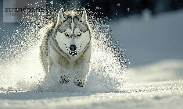 Ein Hund rennt mit herausgestreckter Zunge durch den Schnee. Der Hund scheint glücklich und verspielt zu sein  KI erzeugt  KI generiert