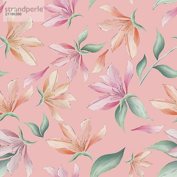 Magnolia flowers and leaves on pink background watercolor painting  seamless repeat pattern