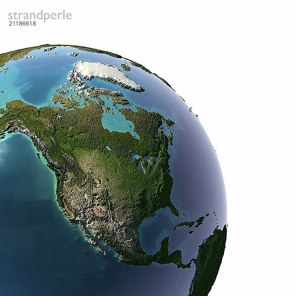 Erde mit durchscheinendem Wasser in den Ozeanen und der detaillierten Topografie der Kontinente. Detail der Erde mit Nordamerika. vor weißem Hintergrund