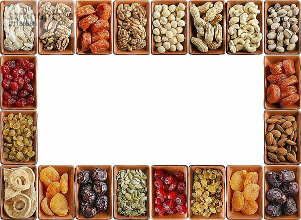 Seamless flat lay food frame of dehydrated fruits  seeds and nuts on white. Non-perishable antioxidant gluten free foods concept