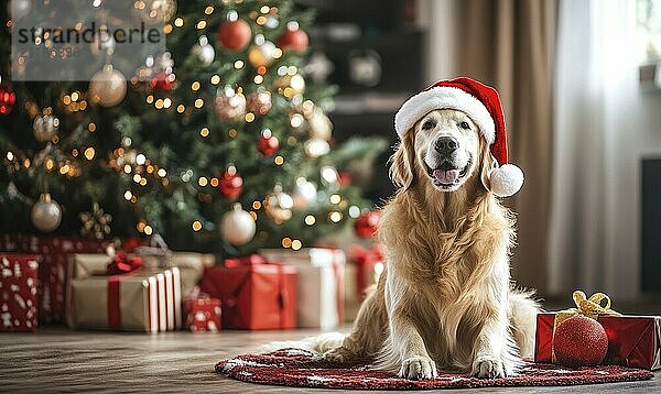 Ein Hund mit einer Weihnachtsmannmütze sitzt auf einem roten Teppich vor einem Weihnachtsbaum. Die Szene ist festlich und fröhlich  und der Hund sieht glücklich und zufrieden aus  KI erzeugt  KI generiert