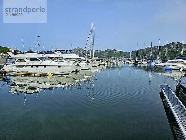 Marina with several boats  surrounded by Bergen  Sandnes  Fylke Rogaland  Norway  Europe