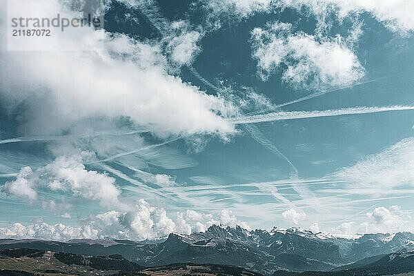 Panoramic view from the Seiser Alm to the Dolomites in Italy  drone shot