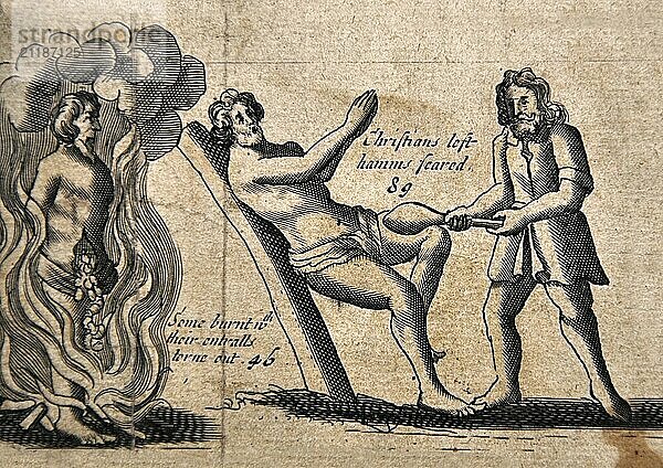 Illustration from a 1583 edition of Foxe's Book of Martyrs  showing Papists torturing Protestants  in this case by burning while their entrails are torn out  and by having their legs seared with hot irons