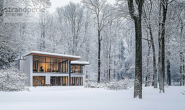 Ein großes Haus mit einer Glasfront steht auf einem verschneiten Feld. Das Haus ist von Bäumen umgeben und der Schnee ist auf dem Boden aufgetürmt. Die Szene ist friedlich und heiter KI erzeugt  KI generiert