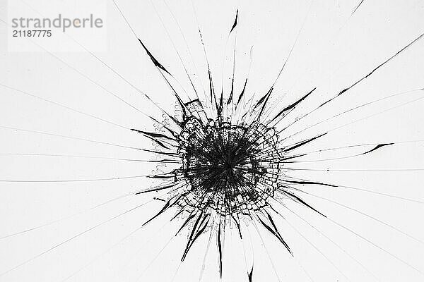 Broken glass protection screen of smartphone. Cracked black glass on a white background