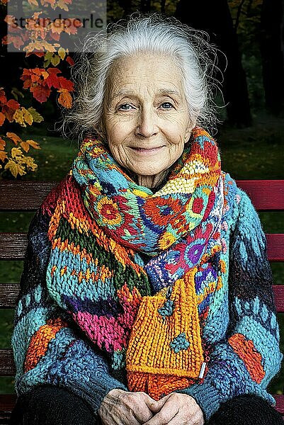 Elderly woman sits on a bench in colourful knitted clothes against an autumnal backdrop  generated with AI  AI generated