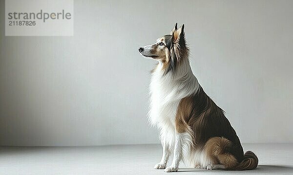 A Scottish Collie sitting elegantly in a studio with a plain white background AI generated