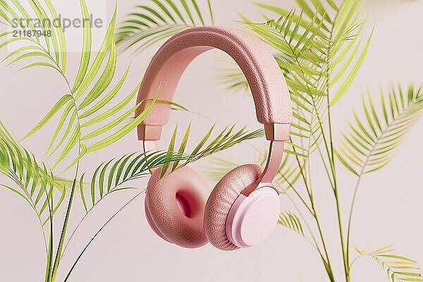 Pink headphones with tropical plants on pink background  3D rendering