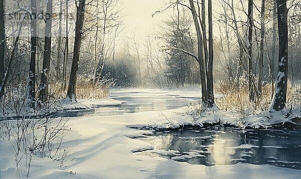 Ein Gemälde von einem verschneiten Wald mit einem Fluss  der durch ihn hindurchfließt. Die Stimmung des Gemäldes ist friedlich und heiter  mit den schneebedeckten Bäumen und dem ruhigen Wasser  die ein Gefühl der Ruhe erzeugen AI  KI generiert