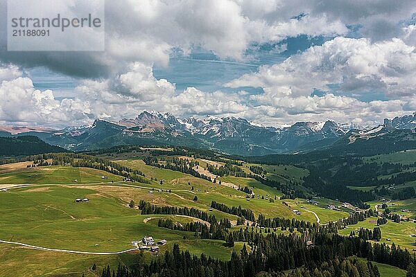 Panoramic view from the Seiser Alm to the Dolomites in Italy  drone shot