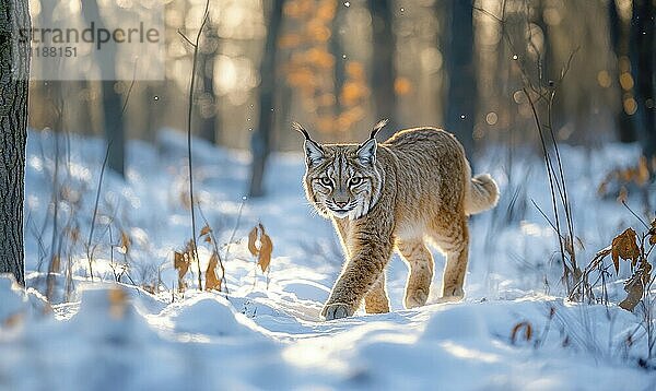 Eine kleine braune Katze läuft durch den Schnee. Die Katze schaut in die Kamera. Die Szene ist friedlich und heiter KI erzeugt  KI generiert