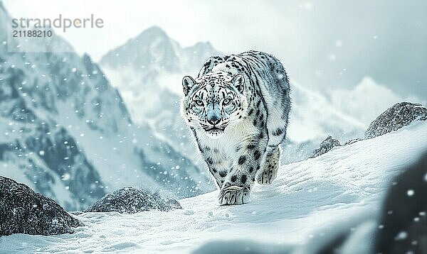 Ein weißer Tiger spaziert auf einem verschneiten Berg. Das Bild hat eine heitere und friedliche Stimmung  da der Tiger das einzige Lebewesen ist  das in der Szene zu sehen ist  KI generiert