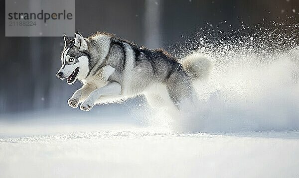 Ein Hund läuft mit herausgestreckter Zunge durch den Schnee. Der Hund ist weiß und schwarz AI erzeugt  KI generiert