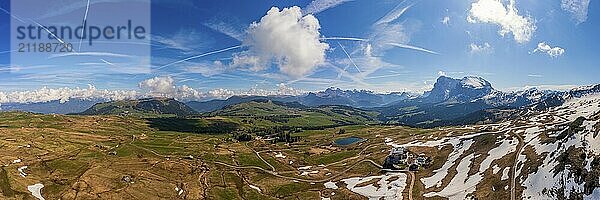 Panoramic view from the Seiser Alm to the Dolomites in Italy  drone shot