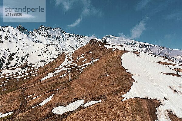 Panoramic view from the Seiser Alm to the Dolomites in Italy  drone shot