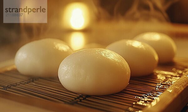 A group of white dumplings sit on a bamboo tray. The steam rising from the dumplings creates a warm and inviting atmosphere AI generated