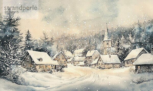 Ein Gemälde eines verschneiten Dorfes mit einer Kirche im Hintergrund. Die Häuser sind klein und gemütlich  und der Schnee fällt sanft. Die Stimmung des Gemäldes ist friedlich und heiter KI erzeugt  KI generiert