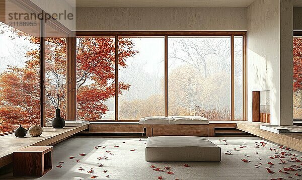 Minimalist Scandinavian living room  white and beige tones  wooden accents  large windows AI generated