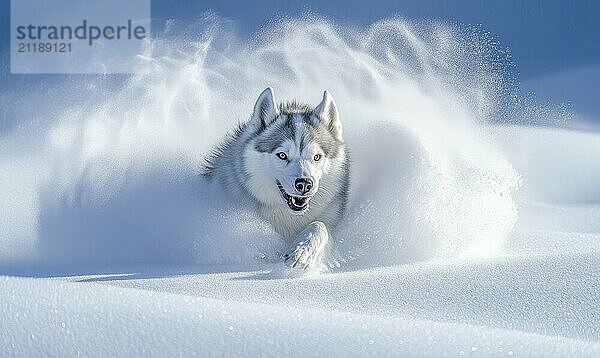 Ein Hund rennt durch den Schnee und hinterlässt eine Spur aus weißem Pulver. Der Hund scheint sich zu amüsieren  denn er läuft mit herausgestreckter Zunge durch den Schnee. Die Szene ist lebendig und spielerisch AI erzeugt  KI generiert