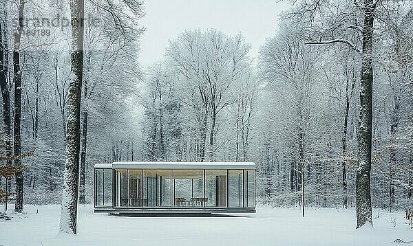 Ein kleines Haus ist von schneebedeckten Bäumen umgeben. Das Haus ist aus Glas und hat ein modernes Design. Die Szene ist friedlich und heiter  mit den schneebedeckten Bäumen KI erzeugt  KI generiert