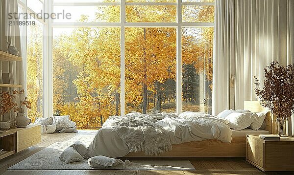 Warm Scandinavian bedroom  light wood bed  cozy blankets  large windows AI generated