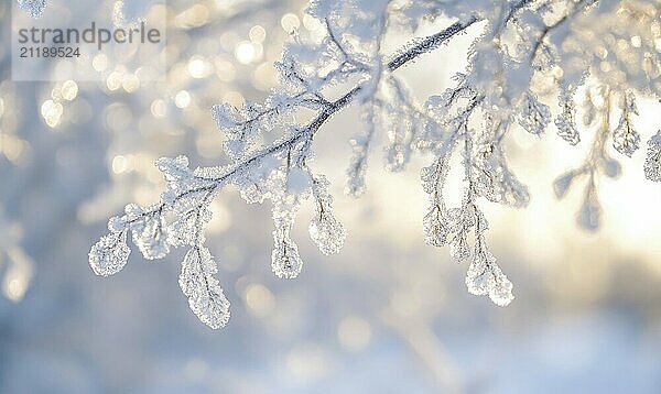 Ein mit frostigem Schnee bedeckter Zweig. Der Zweig ist mit Eis und Schnee bedeckt  und die Sonne scheint auf ihn. Das Bild hat eine heitere und friedliche Stimmung AI erzeugt  KI generiert