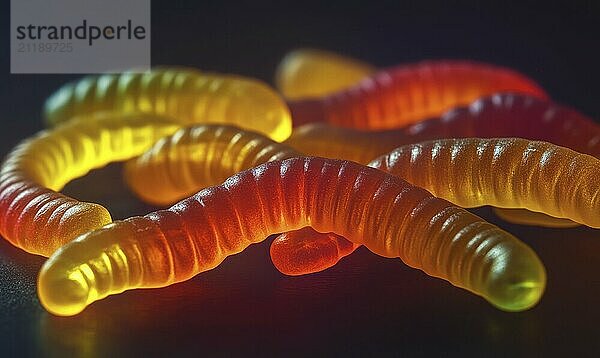 Mehrfarbige durchsichtige Gummiwürmer in Orange  Gelb und Rot auf einem dunklen Hintergrund AI generiert  KI generiert  AI generated